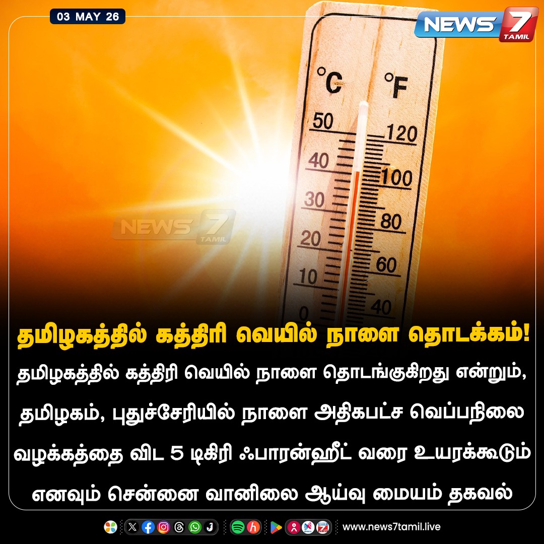 news7tamil's tweet image. தமிழகத்தில் கத்திரி வெயில் நாளை தொடக்கம்!

#Kattiriveyil | #Summer | #TamilNews | #Weather | #latestNews