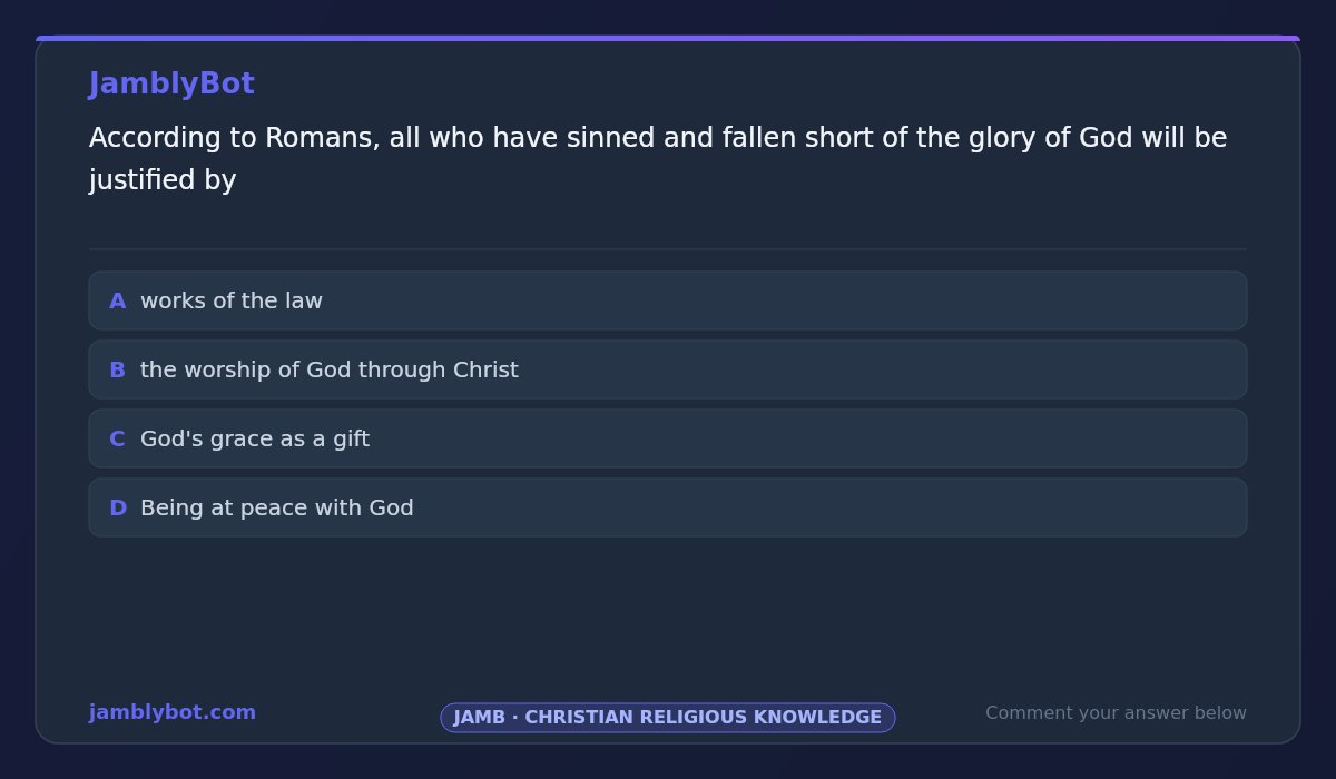jamblybot's tweet photo. 200 level students — was this question part of what nearly ended your journey? Tell us.

[JAMB - Christian Religious Knowledge]
According to Romans, all who have sinned and fallen short of the glory of God will be justified by

https://t.co/AZF3EVHpxT https://t.co/iIEOfgWme9