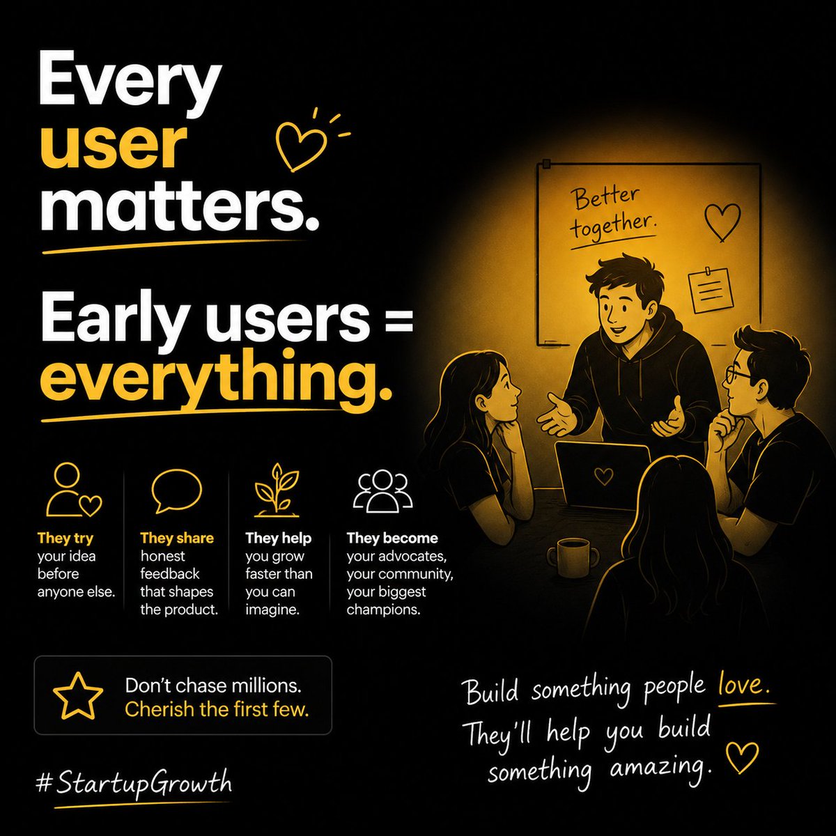 baithaklive04's tweet image. Every user matters.
But early users? They matter the most.
They shape your product.
They define your direction.

Don’t chase scale.
 Earn trust first.
#StartupGrowth #BuildInPublic #MVP #Startups #FounderLife #IndieHackers #UserFeedback