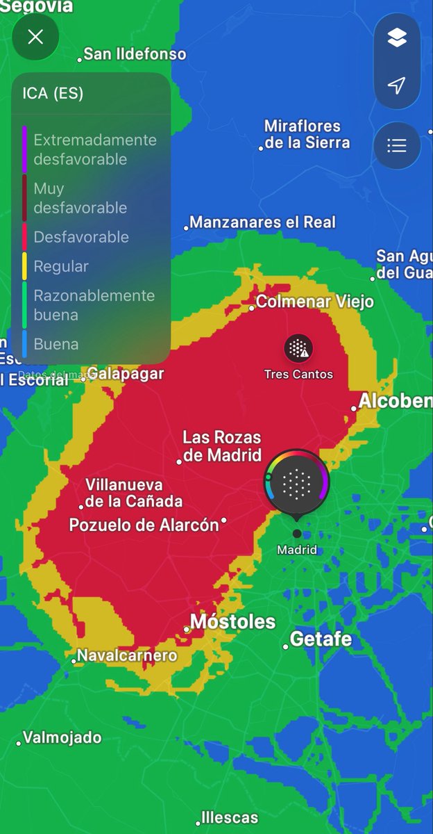 No se de donde coño coge los
datos de calidad apple maps que puede estar diluviando y todo y siempre pone el Noroeste de Madrid como la zona mas contaminada de toda Europa.