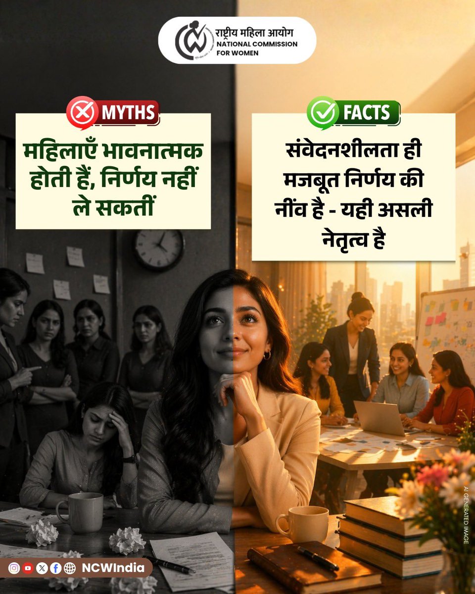 NCWIndia's tweet image. संवेदनशीलता कमजोरी नहीं, बल्कि मजबूत नेतृत्व की पहचान है। महिलाएँ अपनी समझ, सहानुभूति और दृढ़ निर्णय क्षमता से समाज और कार्यस्थल दोनों को बेहतर दिशा देती हैं। 

आइए रूढ़ियों को तोड़ें और महिला नेतृत्व का सम्मान करें।

#Myth&amp;amp;Fact #NariShakti #GenderEquality #WomenEmpowerment #NCW