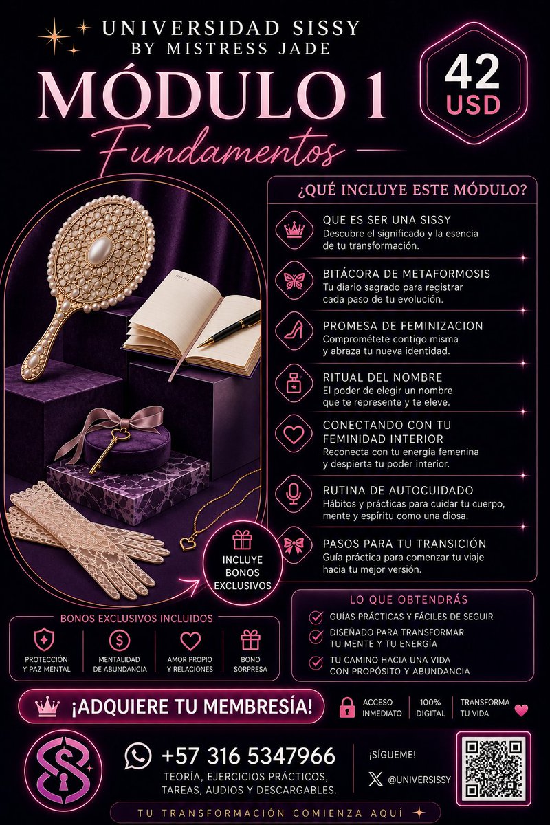 HouseofjadeM's tweet photo. Bienvenida a @universissy by Mistress Jade 💗
✨ En este curs aprenderás:
– Conectar con tu energía femenina
– Lenguaje corporal y expresión suave
– Construcción de identidad
– Confianza a través de práctica guiada
💌 Únete al entrenamiento /Curso online individual
#sissyespañol https://t.co/iZn0ypAdXl