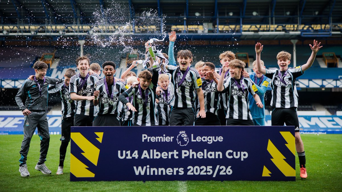NUFC's tweet photo. Our Under-14s won the 2025/26 Albert Phelan Cup following a 3-2 extra-time victory against Everton earlier today. 

Well in, lads 🏆🙌