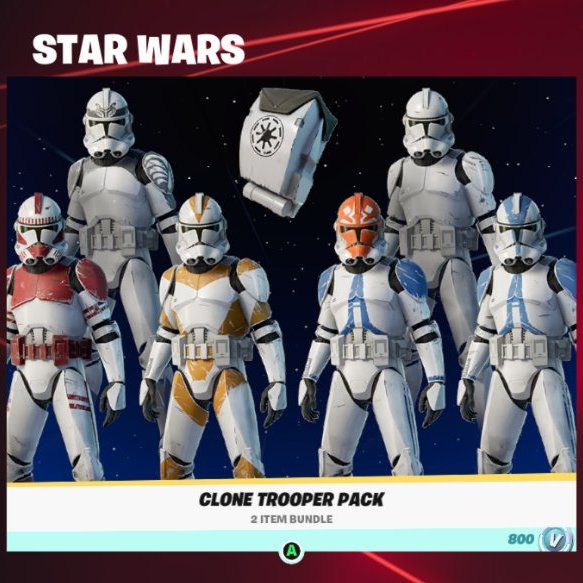 FN_Assist's tweet image. The #Fortnite Star Wars: Clone Trooper pack price floor has been REMOVED with its return this year!

Previously, the price would only reduce to a minimum of 800 V-Bucks for the remaining 2 Troopers. Now it can decrease to just 100 V-Bucks to purchase the rest!