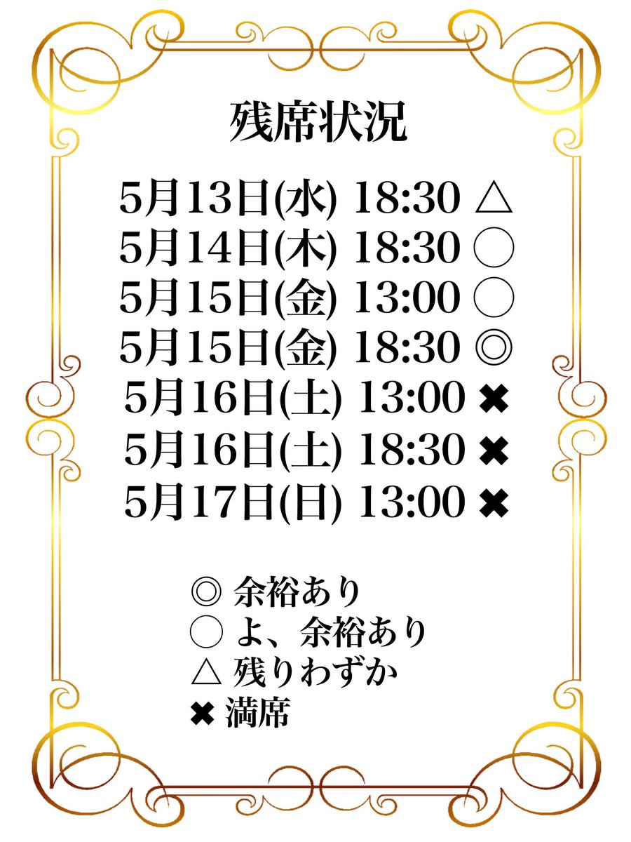 【残席状況】
5/16(土)の2公演とも満席となりました🈵‼️
5/13(水)の初日も間も無く、、、、

ああああーとってもうれしい！！！
まだ木曜日、金曜日はお席あります٩(◍ö◍)۶
舞台が初めて見る人でも楽しめる作品🌸

チケット予約はこちら
torioki.confetti-web.com/form/4663

#五も嘘　#団体