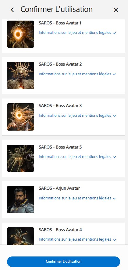 6 avatars Saros gratuits sont dispo sur la PS5 avec le code QLD2-2HD4-4NA2 à rentrer sur le PS Store 👍🌞