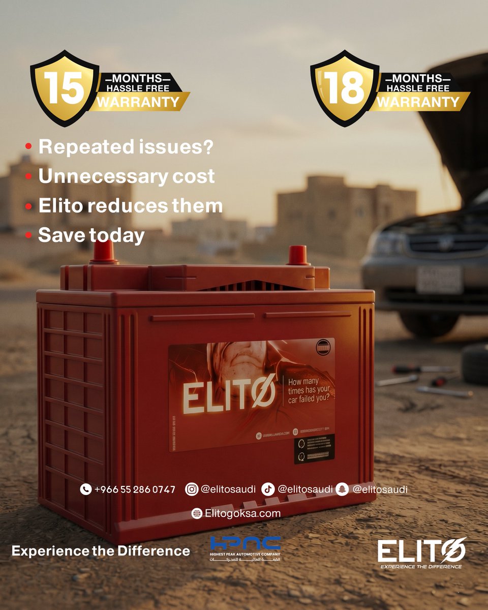 elitosaudi's tweet image. Breakdowns = loss
Elito reduces them💥
☎️+966 55 286 0747 
📍 @elitosaudi 
🌐 elitogoksa.com

#vision2030 #SaudiVision2030 #Riyadh #KSA
#AmaraRaja #rentalcars #warranty #haselfreewarranty #15months
#riyadh #jeddah #dammam
#confidence #trust #BatteryLife #Batteries