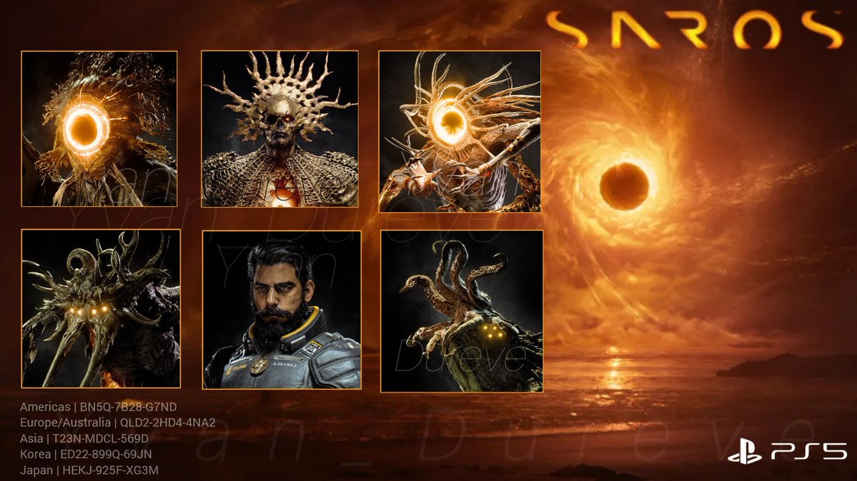 DeepSpaceDread's tweet image. In honor of the release of SAROS, you can activate a set of 6 avatars for free.

Codes by region:

Europe / Australia / Turkey / India — QLD2-2HD4-4NA2
America — BN5Q-7B28-G7ND
Japan — HEKJ-925F-XG3M
Korea — ED22-899Q-69JN
Asia — T23N-MDCL-569D

#Saros #PS5