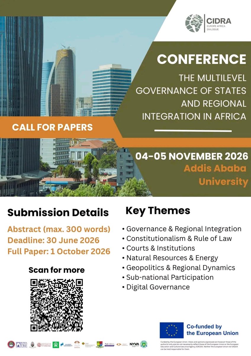 SIMADUniversity's tweet photo. 📢 𝐂𝐚𝐥𝐥 𝐟𝐨𝐫 𝐏𝐚𝐩𝐞𝐫𝐬
SIMAD University invites submissions for the CIDRA Academic Conference 2026 on The Multilevel Governance of States and Regional Integration in Africa.

🗓️ Abstract Deadline: 30 June 2026
📄 Full Paper Deadline: 01 October 2026
🔗 Read more: https://t.co/c4BhjwVNPv

#SIMADUniversity #CIDRA #CallForPapers #Research