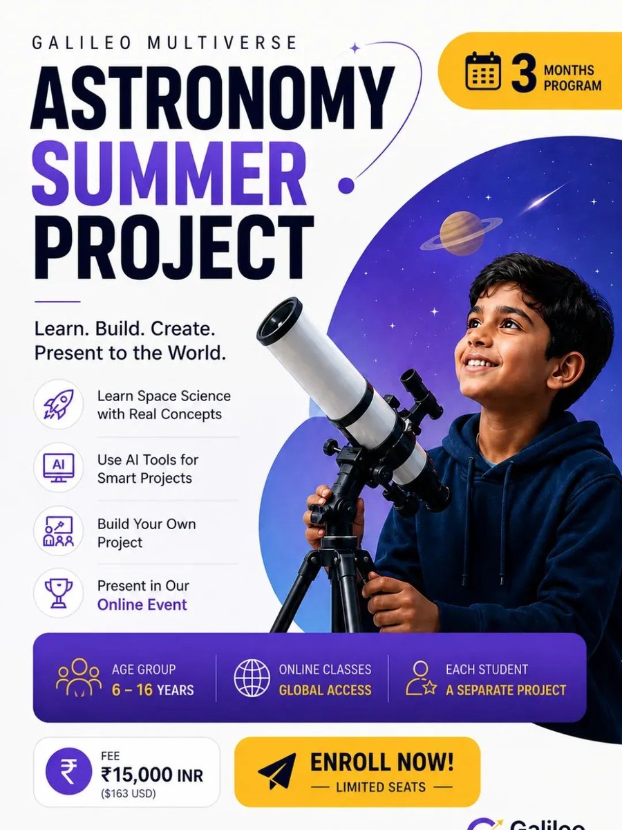 GalileoAi's tweet photo. ASTRONOMY SUMMER PROJECT 2026

Future-Ready Learning Through Real Projects .

Is your child ready to create something extraordinary this summer? https://t.co/4QvvFSeALO