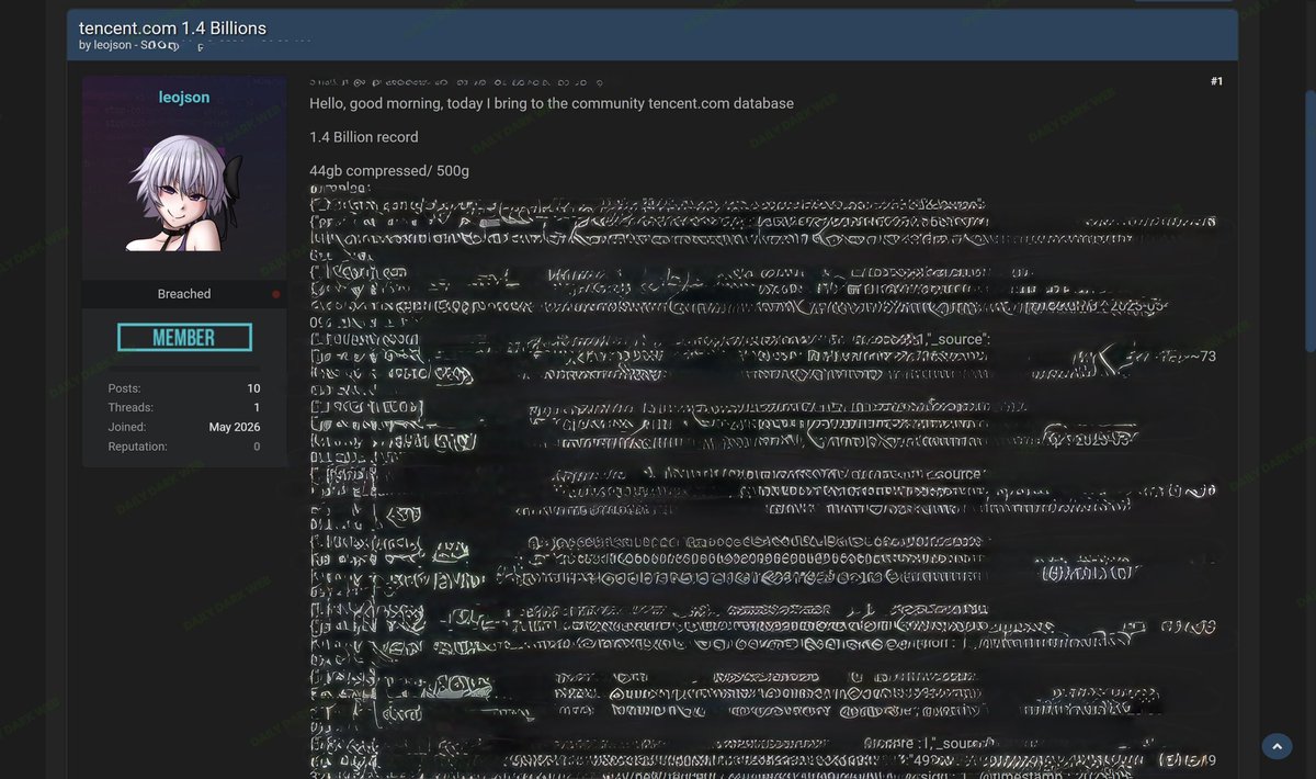 🇨🇳 🚨 A cybercrime forum user is claiming to possess an alleged Tencent-related dataset containing approximately 1.4 billion records.

According to the post, the compressed archive is allegedly around 44GB and includes records referencing:
• QQ email addresses
• Phone numbers
