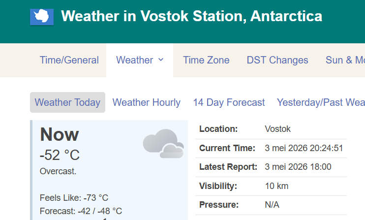 Dat ijs wil maar niet smelten. Tis -52 °C op Vostok meetstation Antarctica.🤣