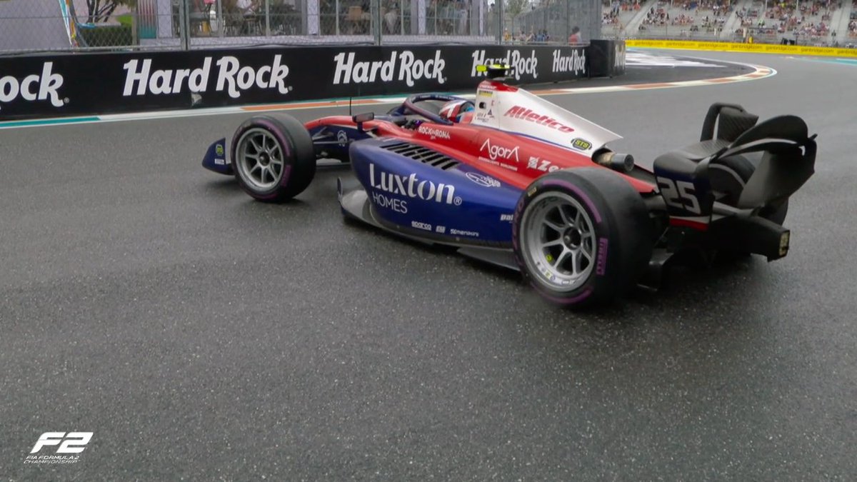 Formula2's tweet image. Bennett's gamble doesn't pay off as he goes for a spin - he has boxed for Wet tyres

#F2 #MiamiGP