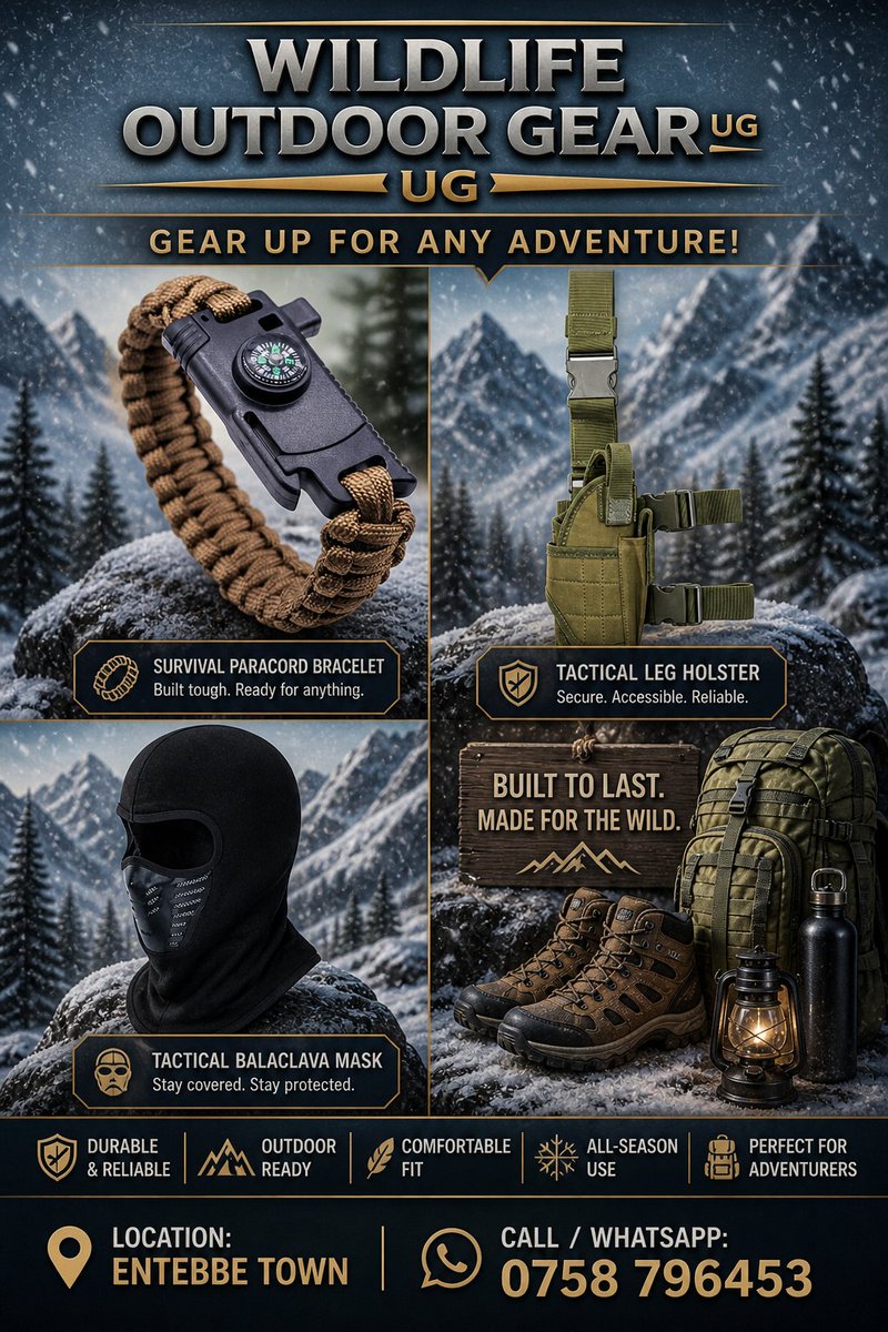 WildGearOutdoor's tweet image. Stay ready for every adventure.
 Durable gear built for the wild.
 Comfort, strength, and performance combined.
 Explore further with confidence.
#WildlifeOutdoorGear #AdventureReady #ExploreUganda #OutdoorLife #TacticalWear #HikingGear #CampingLife #TravelEssentials
