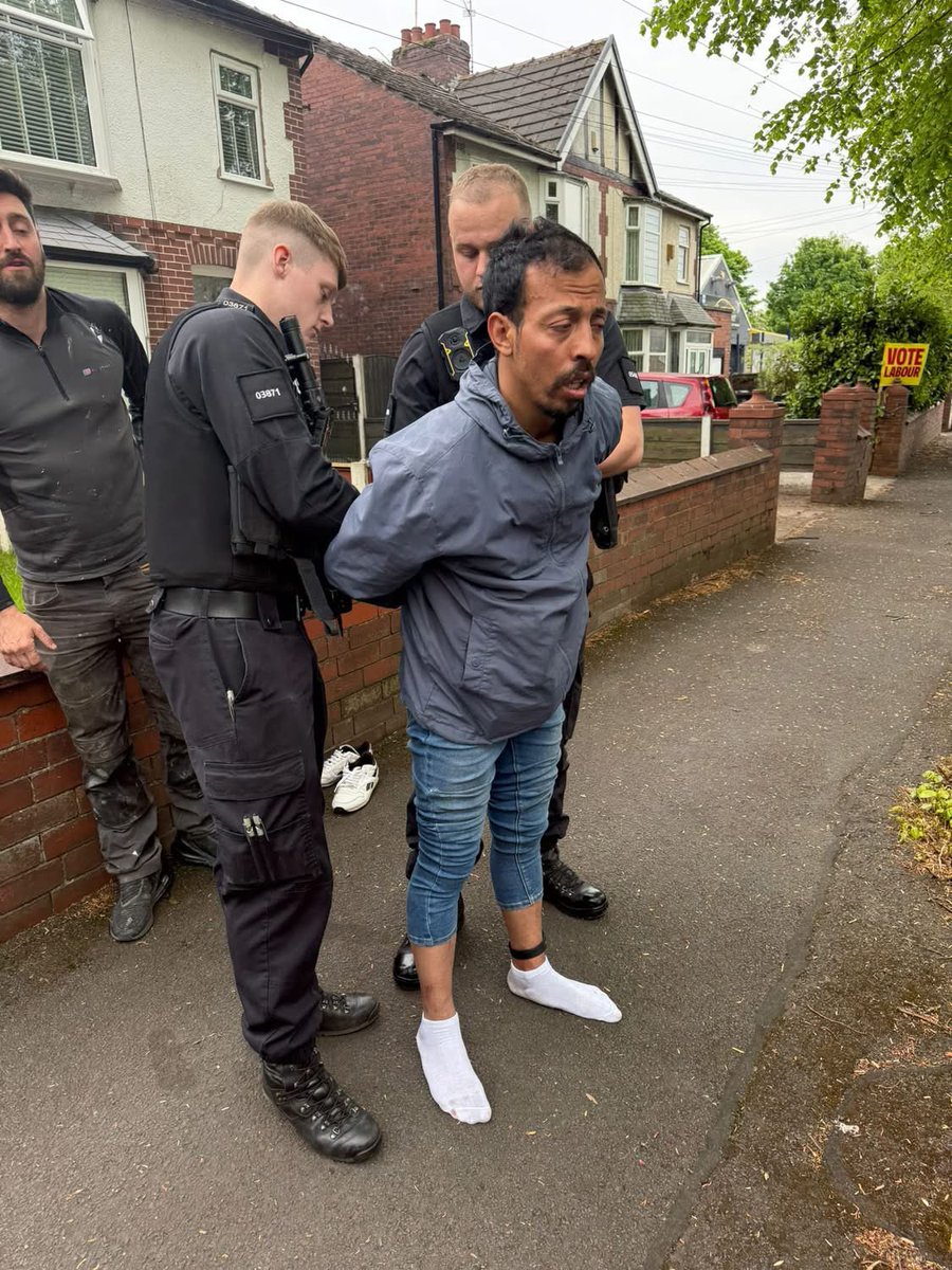 longtallshazza's tweet image. An illegal migrant from Morocco is arrested in Bolton for chasing a frightened mum with a 10 year old in the street. You could use this photo as a campaign poster #sendthemback #illegalmigrants