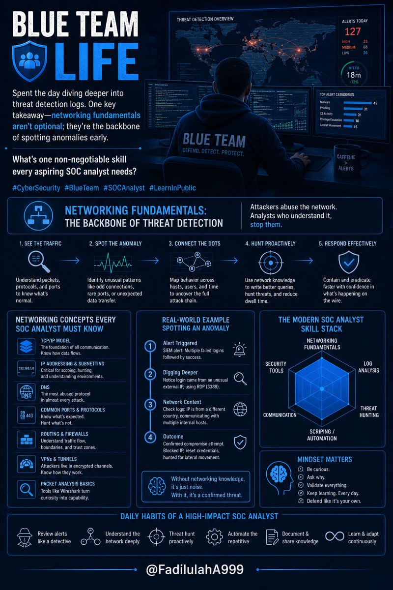 FadilulahA999's tweet image. Blue team life: Spent the day diving deeper into threat detection logs. One key takeawaynetworking fundamentals aren't optional; they're the backbone of spotting anomalies early.What's one non-negotiable skill every aspiring SOC analyst needs? #CyberSecurity #BlueTeam #SOCAnalyst