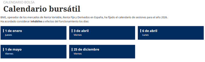 A_onerabbit's tweet image. #MERCADOS #INVERSION #IBEX35 

📌BME, operador de los mercados de Renta Variable, Renta Fija y Derivados en España, ha fijado el calendario de sesiones para el año 2026.