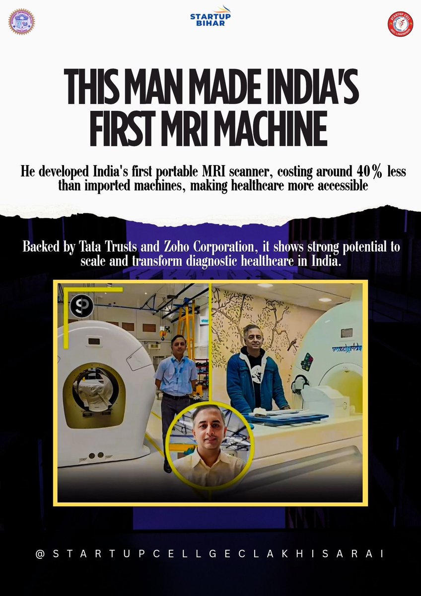 startupcellgecl's tweet image. 🚀 Startup News | HealthTech

India’s first portable MRI cuts costs by ~40%, making diagnostics more accessible.

Homegrown innovation driving real impact. 💡🏥

#StartupNews #HealthTech #StartupIndia #StartupBihar