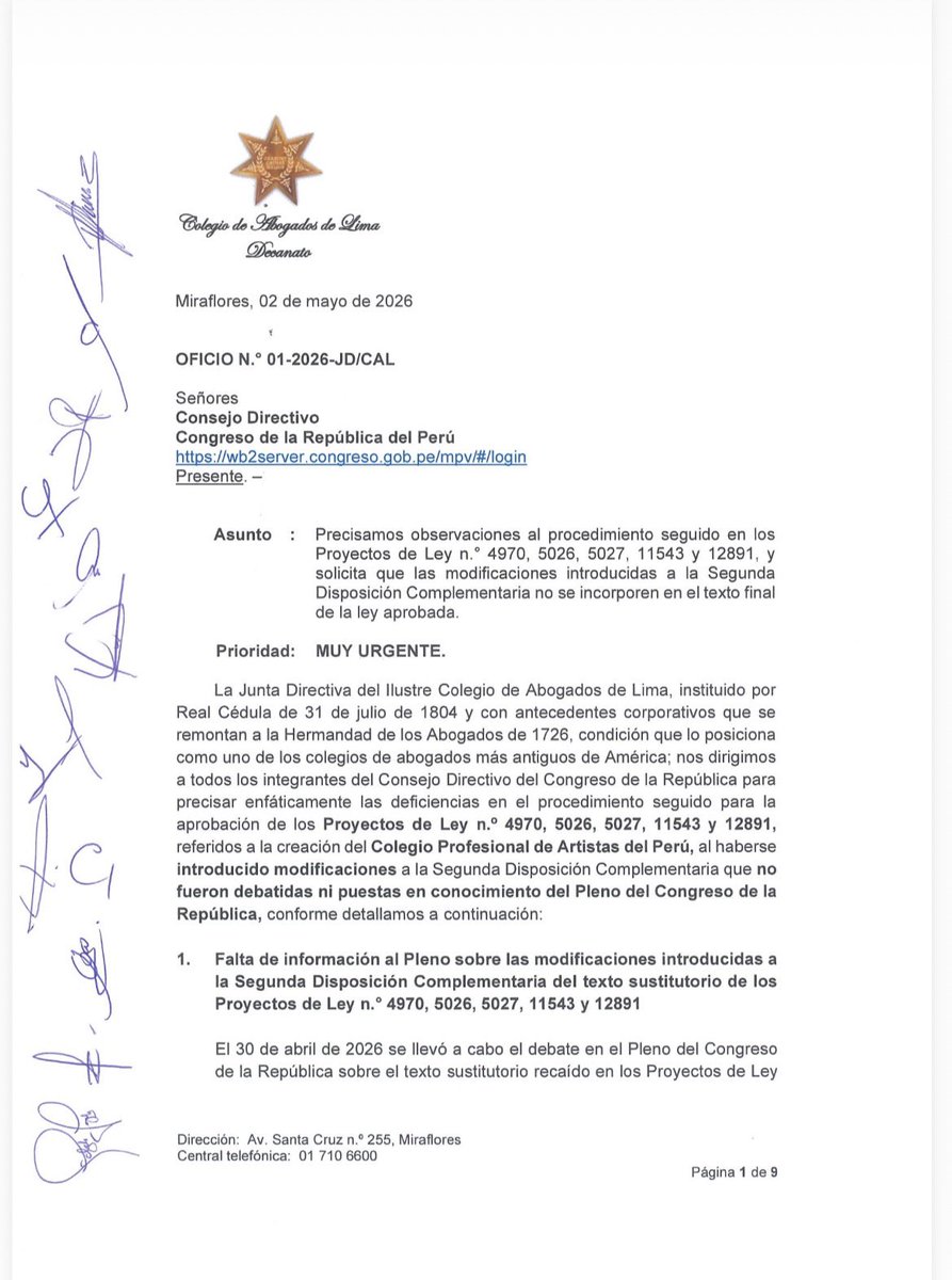 martinluma's tweet photo. CAL envía oficio al Congreso de la República donde cuestiona las irregularidades cometidas en la aprobación del proyecto de ley de creación de colegios profesionales para artistas, en el que modifican parte del texto para legislar con nombre propio con el fin de que su decana Delia Espinoza no pueda mantenerse en el cargo.