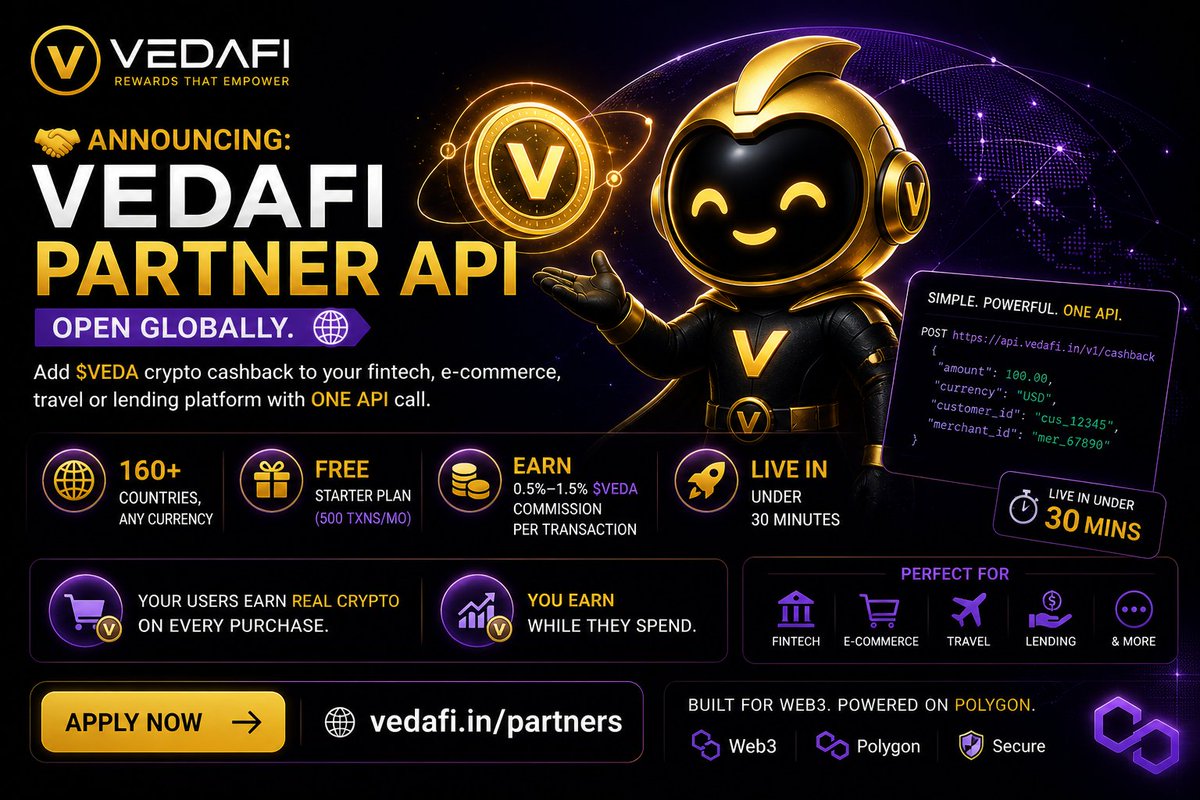 VedaFiToken's tweet photo. 🤝 Announcing: VedaFi Partner API — open globally.  Add $VEDA crypto cashback to your fintech, e-commerce, travel or lending platform with ONE API call.  ✅ 160+ countries, any currency ✅ Free Starter plan (500 txns/mo) ✅ You earn 0.5–1.5% $VEDA commission per transaction — passively ✅ Live in under 30 minutes  Your users earn real crypto on every purchase. You earn while they spend.  Apply → https://t.co/bqGRfib05j  #VedaFi #VEDA #API #Web3 #Polygon #CryptoRewards