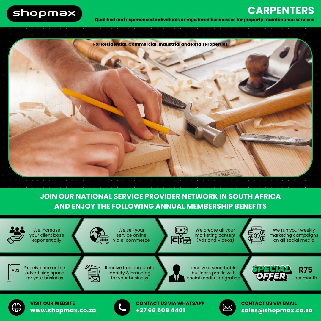 SHOPMAX6's tweet image. 🔨 Carpenters — get more jobs nationwide
Join the Shopmax SPN
👉 shopmax.co.za/sell_your_prof…
#Carpentry #SkilledTrades #Shopmax