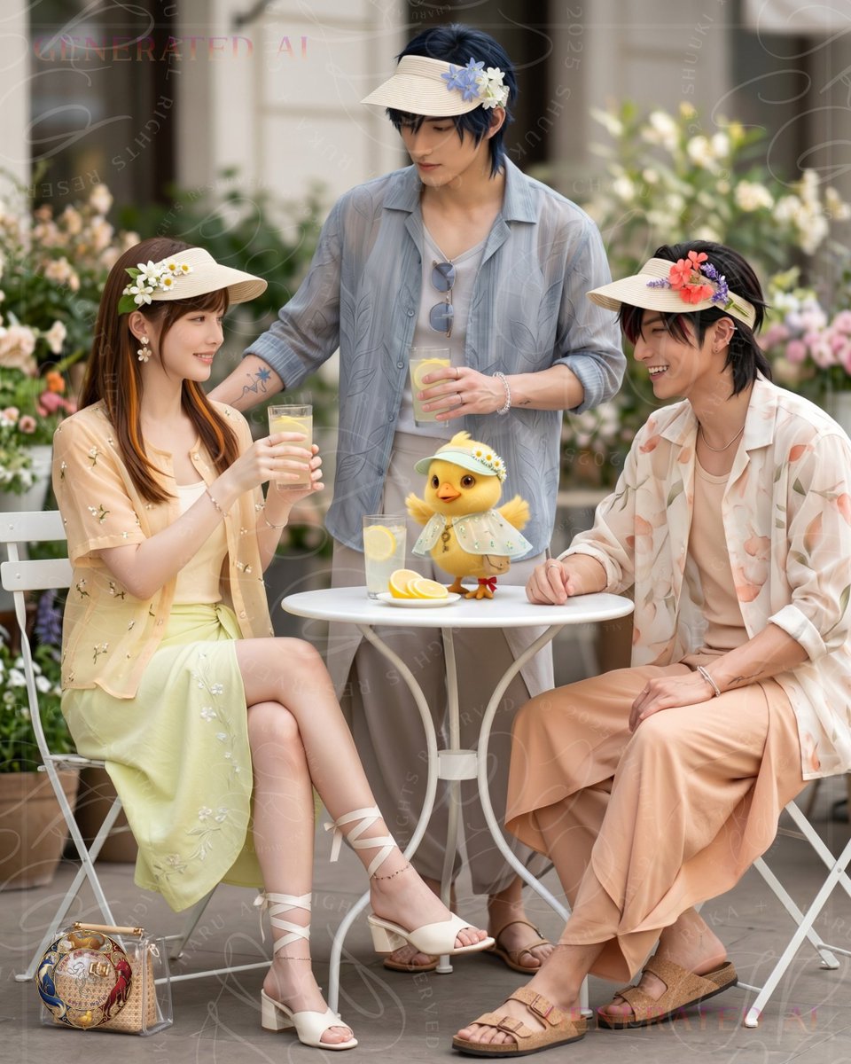 Shuuki_Garu_R's tweet image. #GWとことこ初夏コーデ #AIArtwork 

とことこさん、こんばんは🌿
企画参加します✨

初夏の風に透けるシアーコーデで、
四つ組そろってレモネードテラスへ🍋

A little early-summer breeze, a little lemonade, and a happy moment together.

💠～💠～💠

🌿レモネード色の初夏テラス🌿