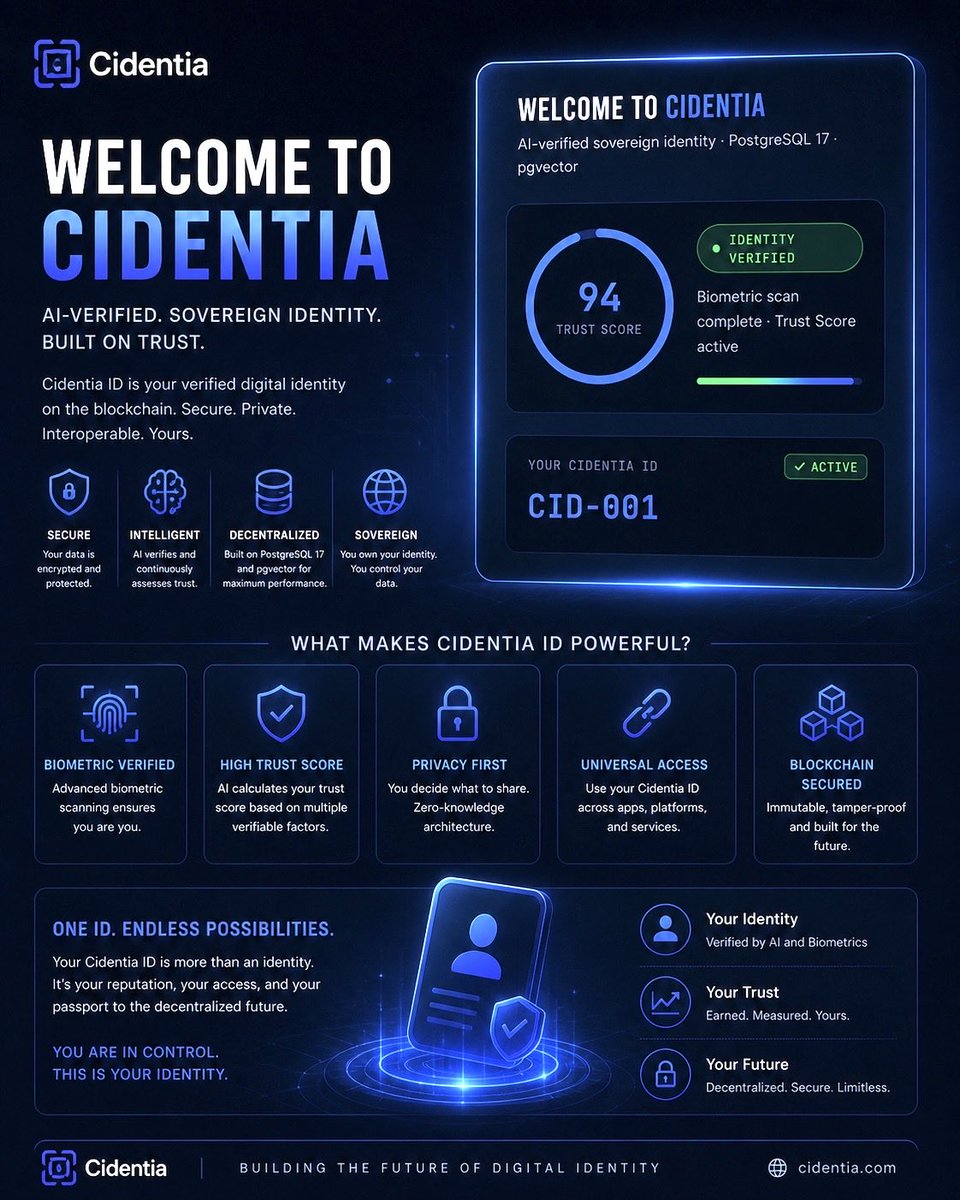 CidentiaID's tweet photo. Your identity should work for you.

Cidentia ID brings together verification, trust, and control into one unified system — giving you a secure and intelligent digital presence anywhere online.

The future of identity starts here. 🔵

#Cidentia #FutureTech #AI https://t.co/v1OTJg9ex9