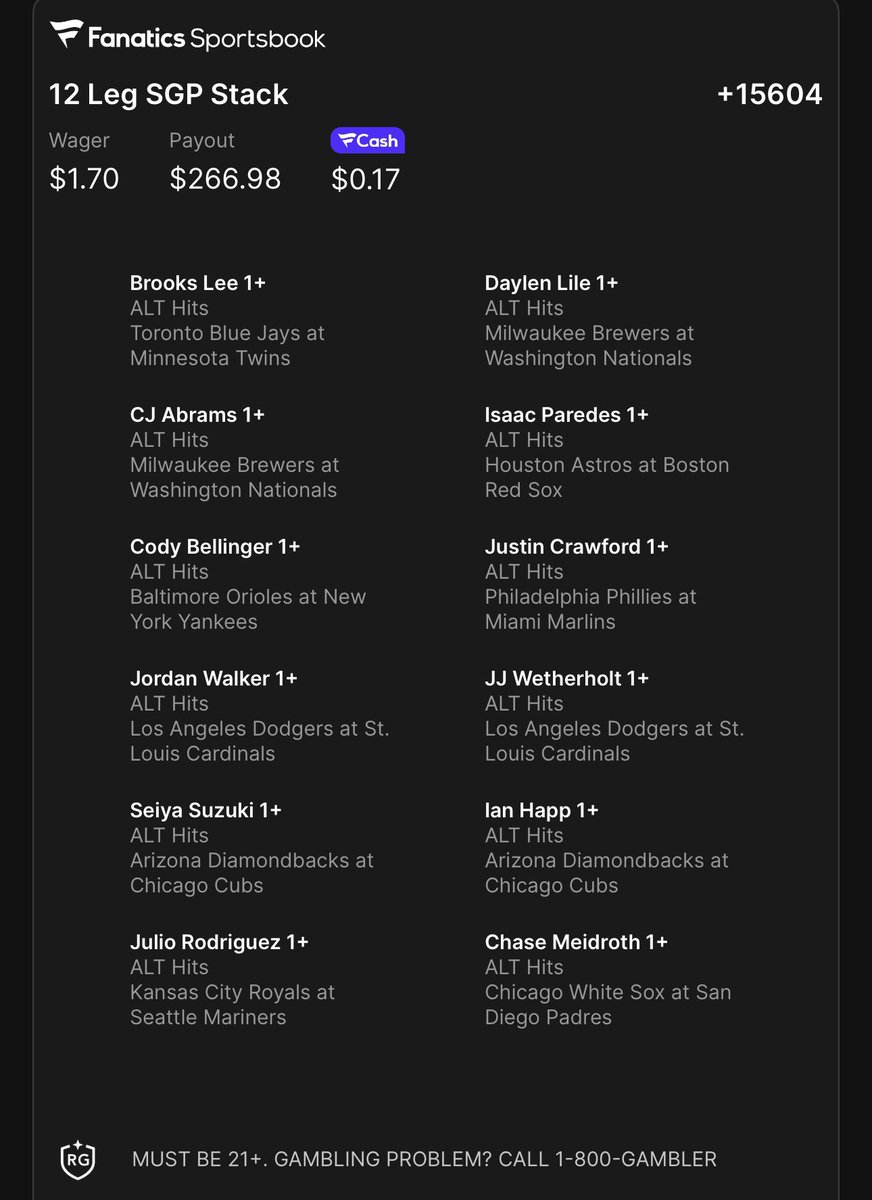 TRAH (To Record A Hit) #Parlay #GamblingTwitter #MLB