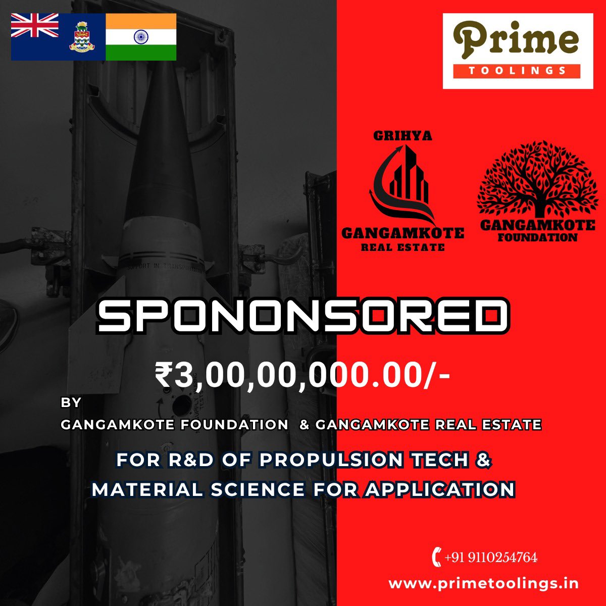 PrimeToolings's tweet image. Prime Toolings announces ₹3Cr sponsorship from Gangamkote Foundation &amp;amp; Real Estate for R&amp;amp;D in propulsion tech and material science. primetoolings.in #PrimeToolings #Aerospace #Innovation