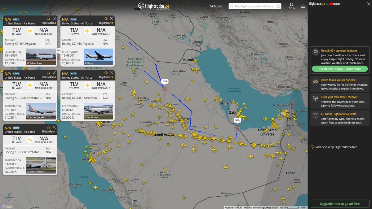 AIYeyENGDdJkjTr's tweet photo. May 3, 2026
#Ben Gurion, Israel ==>
#NoCALLSIGN #AE5FA1 KC-46A Pegasus
#NoCALLSIGN #AE0266 KC-135R Stratotanker
#NoCALLSIGN #AE5FA0 KC-46A Pegasus
#NoCALLSIGN #AE0139 KC-135R Stratotanker
#NoCALLSIGN #AE574D KC-46A Pegasus
#NoCALLSIGN #AE026F KC-135R Stratotanker https://t.co/1x2LJjIwps