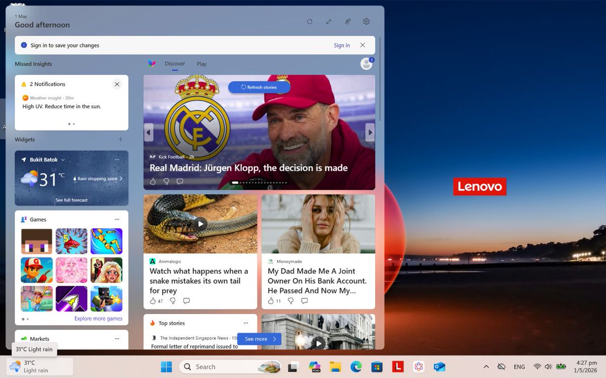 onghu's tweet image. On a brand new #Windows11 #Lenovo #Thinkpad, this is what I was met with - everything large and active.. hyperactive, animating, large tiles - all before I've set up anything at all but the PC has a life of its own. Calm down, Windows!

#Tech #Microsoft