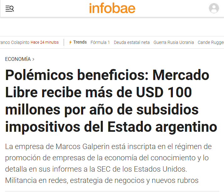 <a href="/marcos_galperin/">Marcos Galperin</a> Está mal que el Estado le pague una jubilación a una señora que le permita comer y comprar sus medicamentos

Pero está bien que el Estado le pague a Galperín 100.000.000 anuales en subsidios

Ahí va