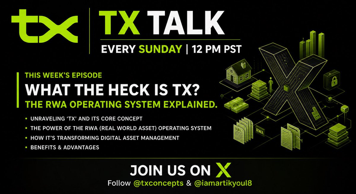 iamartikyoul8's tweet photo. Join us today for #TxTalk , live on @X  

Set reminder : https://t.co/YCjTpPGHSE

Hosted by : @txconcepts tx:native 

#RWA #Smarttoken #Podcast #rwamedia https://t.co/GgJJIJgBgs