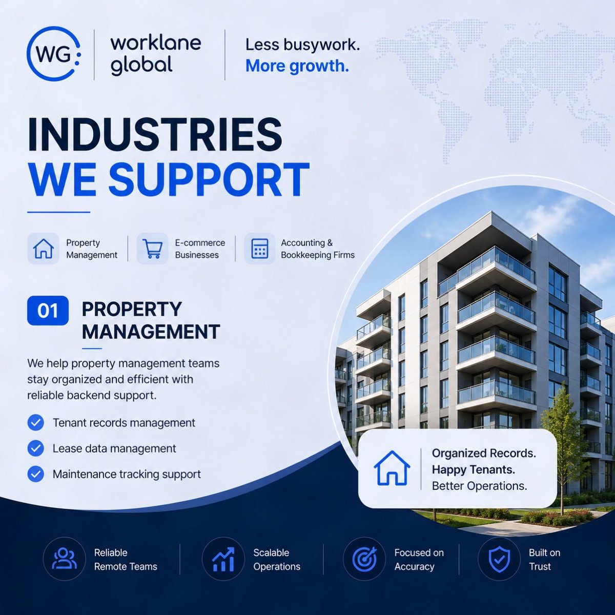 WorklaneGlobal's tweet image. Industries we support: Property Management
We help teams handle the backend -
tenant records, lease data, and maintenance tracking.

Less busywork. More growth.

#WorklaneGlobal #PropertyManagement #RealEstate #Outsourcing #RemoteTeams