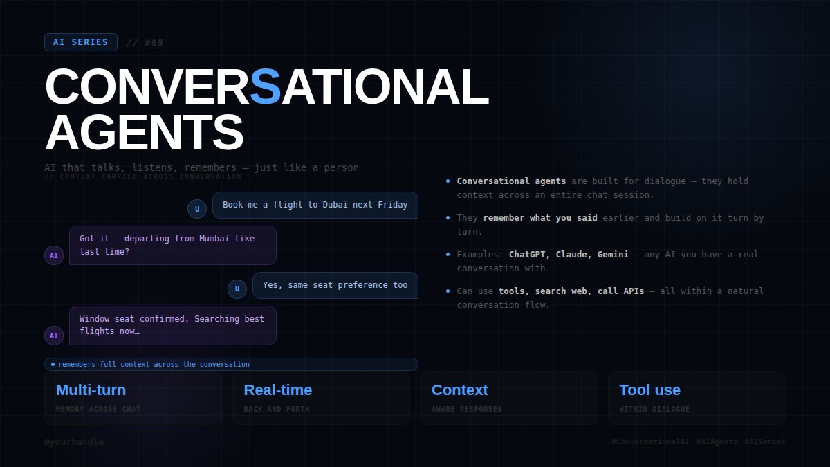 js__x__'s tweet photo. you've used ChatGPT, Claude, Gemini 👀
but do you know what type of AI they are?
they're Conversational Agents
AI that remembers what you said and builds on it
not just one answer — a full back and forth
that's what makes them feel human 🔥
AI Series #9
#AI #ConversationalAI https://t.co/paHIKDZMf9