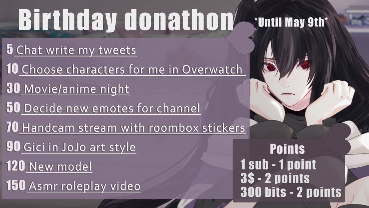 chi_gishi's tweet photo. Starting from today's stream, is y first 1 week long donathon! I'll be holding it until my birthday, which is on May 9th!
  *I'm new to those things so be kind* https://t.co/tBdXSsSX6u