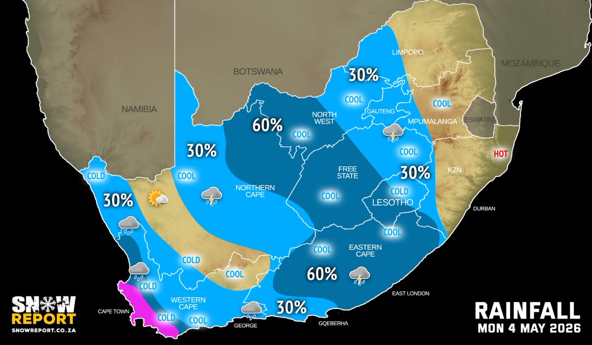SnowReportSA's tweet image. MONDAY WEATHER: Widespread rain in the south-west and a thunderstorm warning for the Eastern Cape. See snowreport.co.za for the full forecast #saws #weather #forecast #weatherwarnings