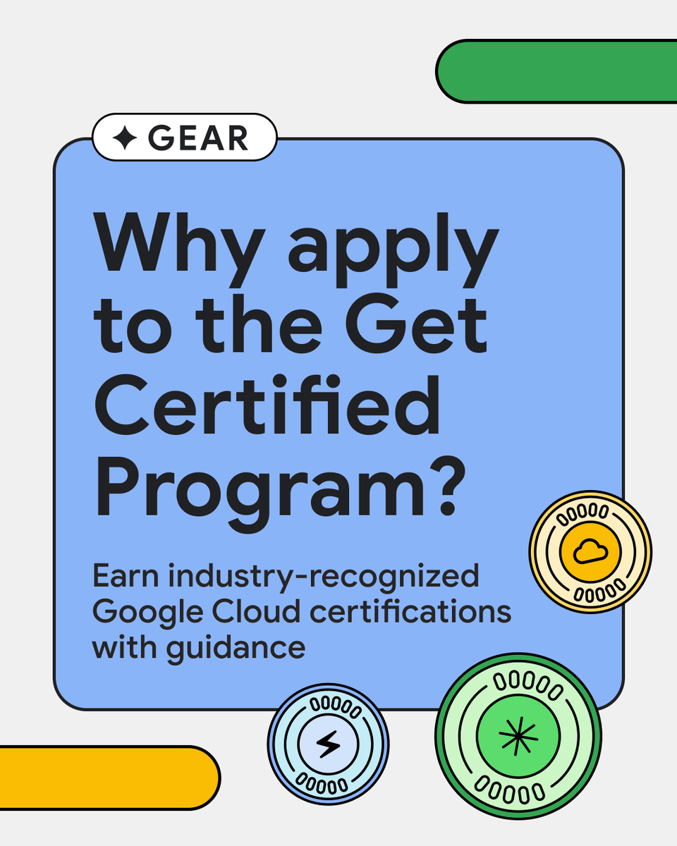 Get @GoogleCloud certified. ☁️

Google Cloud customers can join GEAR to apply and access an up to 9-week cohort featuring technical mentorship and instructor-led training into various topics → goo.gle/4wqeCfF