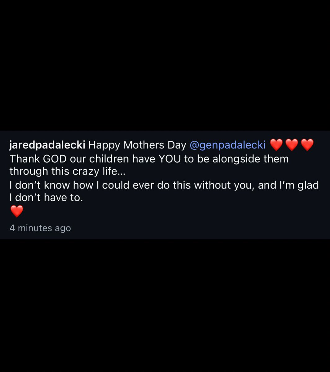 JarPad_Team's tweet photo. 📸 100526 | @jarpad Instagram Post

Caption: "Happy Mothers Day @GenPadalecki Thank GOD our children have YOU to be alongside them through this crazy life...
I don't know how I could ever do this without you, and I'm glad I don't have to."

#JaredPadalecki #GenPadalecki #Mothers https://t.co/ccoA5kMH9B