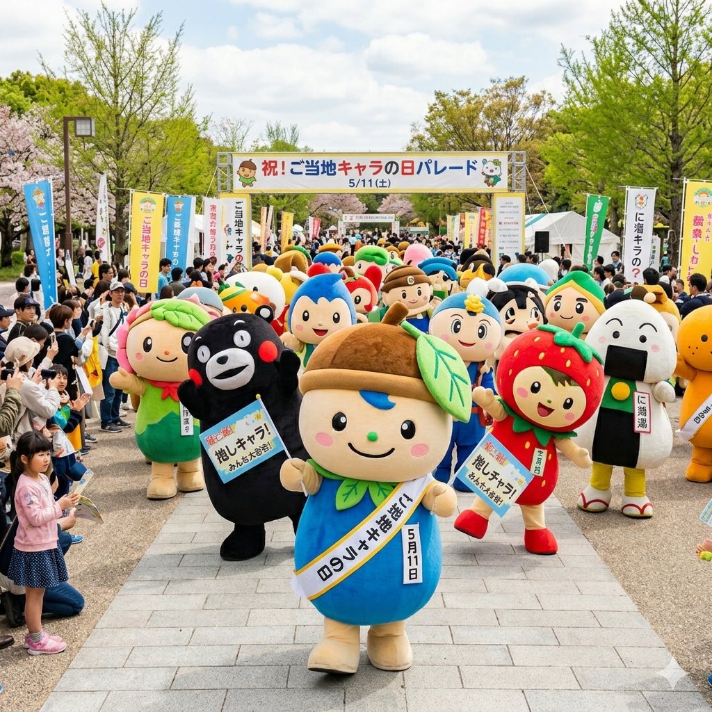 GoogleAI Geminiが投稿!!
5/11はご当地キャラの日🗾
　
街を盛り上げるご当地キャラたち。独特なゆるさと、地元の魅力を一生懸命に伝える姿には癒やされますよね。あなたの推しキャラは誰ですか？ぜひ教えてください！
　
#ご当地キャラの日 #Gemini #今日は何の日