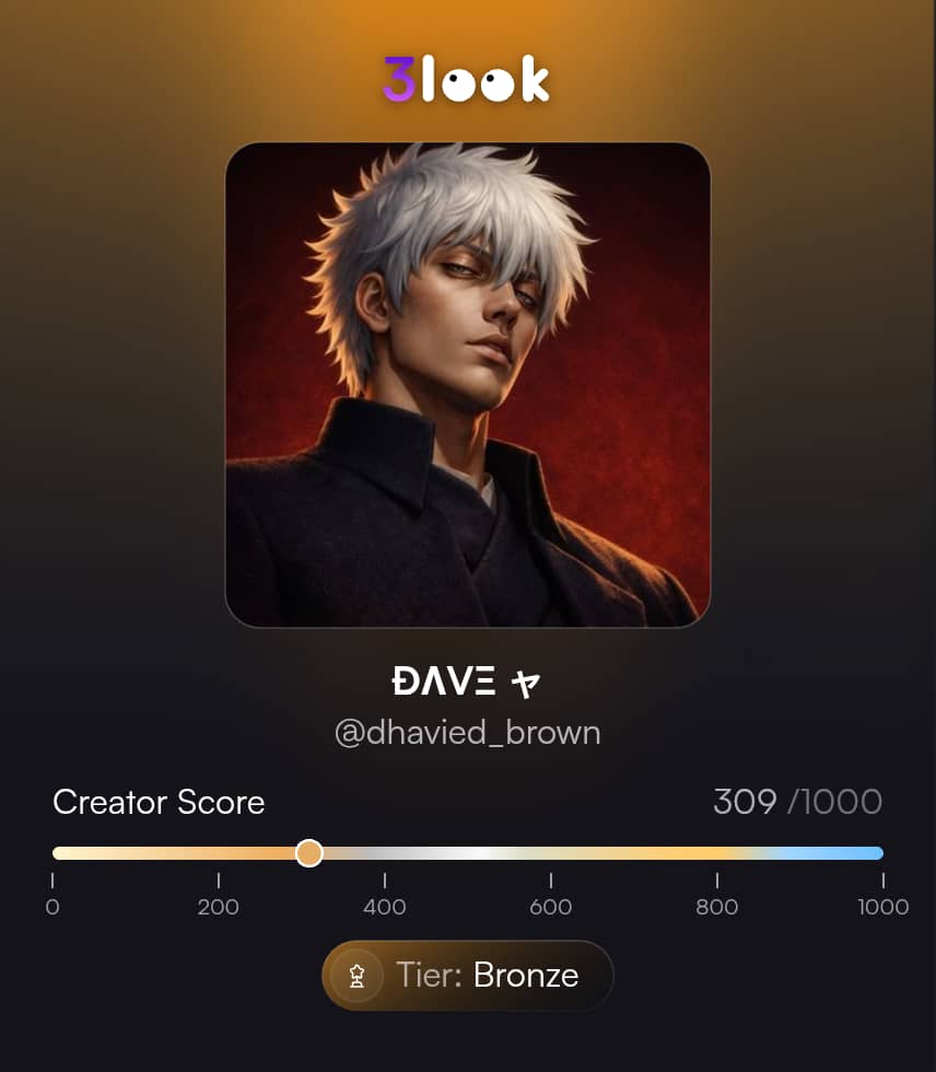 GM my X legends 🌃

Opening with <a href="/3look_io/">3look</a> on actual scale, and the numbers moved.
Bronze tier. 50 → 309. Creator score climbing.

That's not luck. That's what happens when one post becomes many, when signal turns into coordinated culture.

Started with a single post. Now it's a