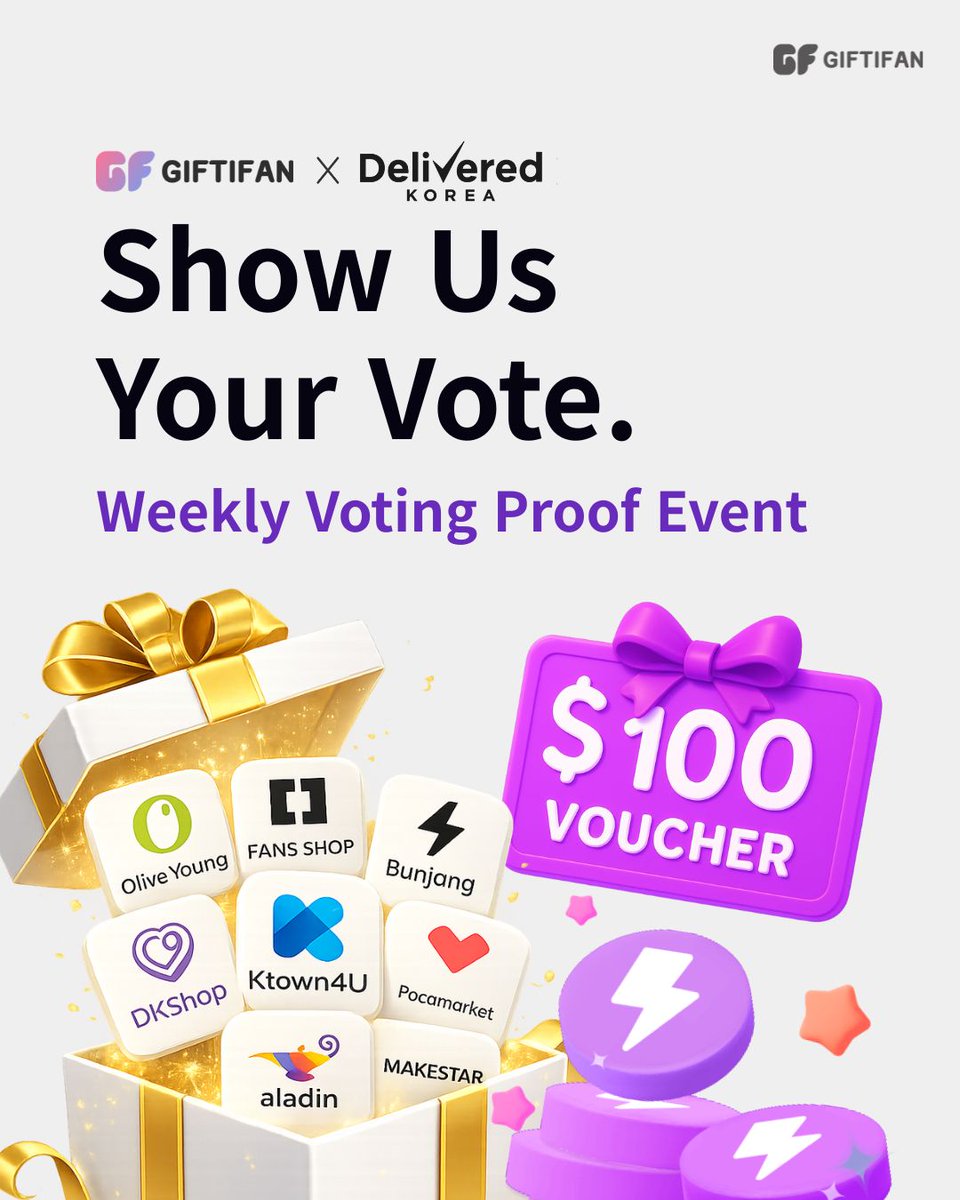 giftifan's tweet photo. 🎉✨ Show Us Your Vote! ✨🎉

Vote for your brightest star, share your voting proof, and win exciting rewards! 💜🌟

🎁 Win Amazing Prizes!
💎 $100 Voucher (Delivered Korea)
💜 30,000 Purple Energy
⚡ 20,000 Purple Energy

Join our Weekly Voting Proof Event for the July Birthday & Debut Vote,
⭐ The Brightest Star ⭐

📅 Valid Entry Period
May 11 – May 17, 2026 (KST)

🏆 Winners Announced
May 18, 2026 (KST)

📌 How to Enter
1. Vote on GIFTIFAN
2. Screenshot your vote
3. Quote this post with your screenshot

Download GIFTIFAN 👇
Android: https://t.co/RaH3KjC9kS
iOS: https://t.co/hAueQMpxWE

#GIFTIFAN #Vote #Event