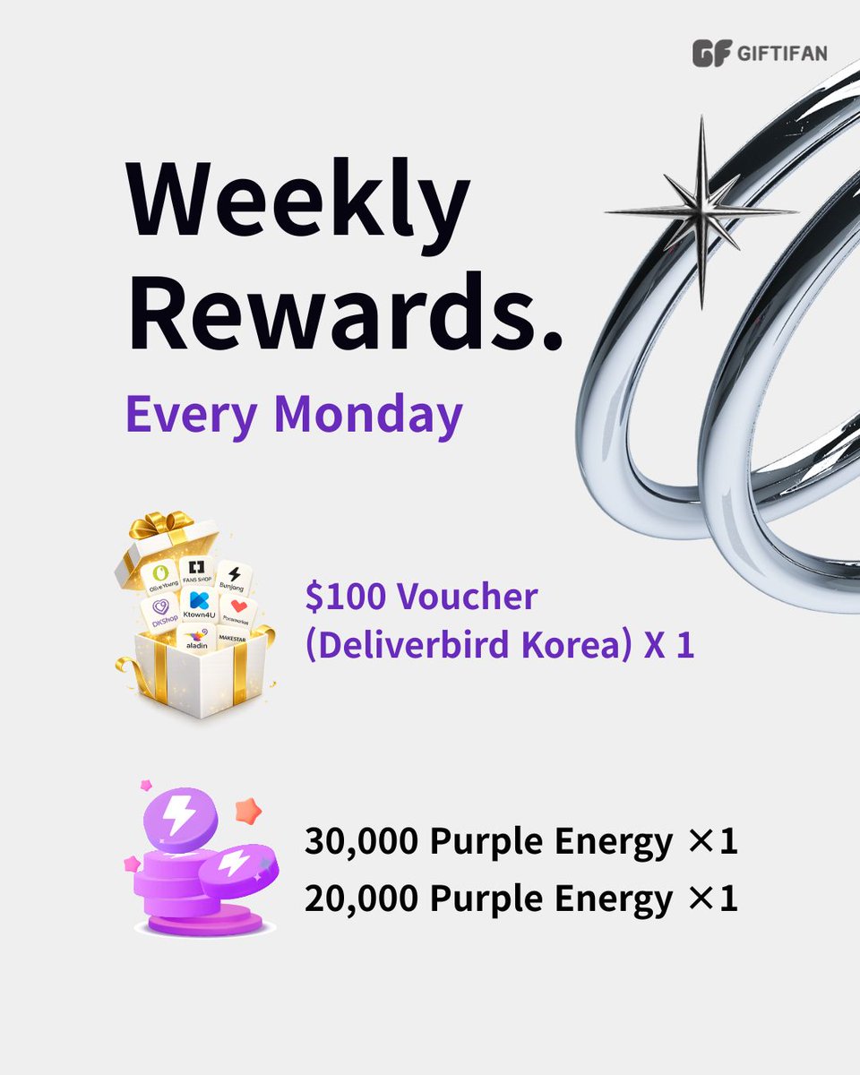 giftifan's tweet photo. 🎉✨ Show Us Your Vote! ✨🎉

Vote for your brightest star, share your voting proof, and win exciting rewards! 💜🌟

🎁 Win Amazing Prizes!
💎 $100 Voucher (Delivered Korea)
💜 30,000 Purple Energy
⚡ 20,000 Purple Energy

Join our Weekly Voting Proof Event for the July Birthday & Debut Vote,
⭐ The Brightest Star ⭐

📅 Valid Entry Period
May 11 – May 17, 2026 (KST)

🏆 Winners Announced
May 18, 2026 (KST)

📌 How to Enter
1. Vote on GIFTIFAN
2. Screenshot your vote
3. Quote this post with your screenshot

Download GIFTIFAN 👇
Android: https://t.co/RaH3KjC9kS
iOS: https://t.co/hAueQMpxWE

#GIFTIFAN #Vote #Event