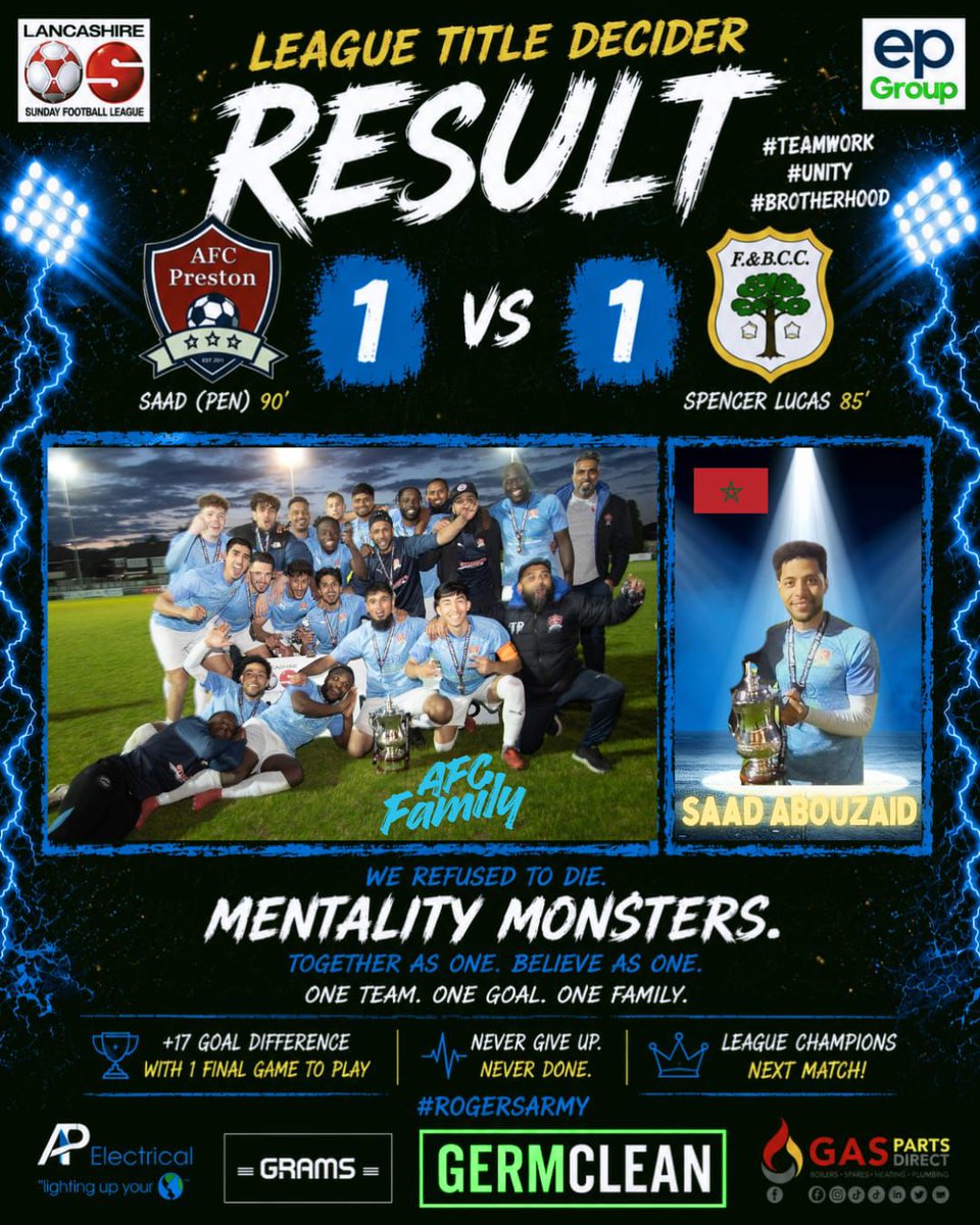 AFCPreston's tweet photo. @FandBFootball thought they’d won the league for about 5 minutes… 😅

Then Saad 🪄 stepped up in the 90th minute with ice in his veins &amp; reminded everyone anything is possible when you stick together, believe &amp; never gives up 👊🏽

23/24🏆
24/25🏆
25/26 (incoming)🏆

 #AFCFamily https://t.co/wFSzF88diD