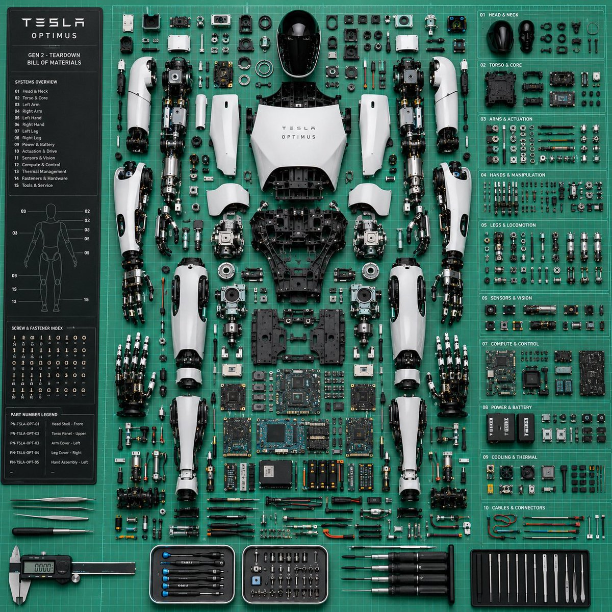 Gdgtify's tweet photo. GPT Image 2 doing a forensic breakdown of USS Abraham Lincoln and Tesla Optimus robot. This version is much shorter than the other one I shared a while back. 

{   "LAYOUT": "Clinical Forensic Teardown / Bill of Materials (BOM)",   "SUBJECT": "$modern_complex_device", // e.g., "An Apple Vision Pro", "A Tesla FSD Computer Board", "A Military Night Vision Goggle" "ENVIRONMENT": "A bright green, grid-lined, anti-static (ESD) rubber workbench mat.",      "ARRANGEMENT_RULES": {     "Deconstruction": "The $modern_complex_device is 100% disassembled.",     "Organization": "Every single microchip, ribbon cable, lens, titanium screw, and battery cell is laid out in perfect, right-angled, highly organized grids.",     "Context": "High-end, physical precision tools (iFixit titanium tweezers, torque drivers, digital calipers) rest at the edges of the mat."  },      "AESTHETIC": "Top-down, flat-lay photography. Even, shadowless ring-lighting. Ultra-high megapixel macro resolution. Every serial number and solder joint must be visible."}