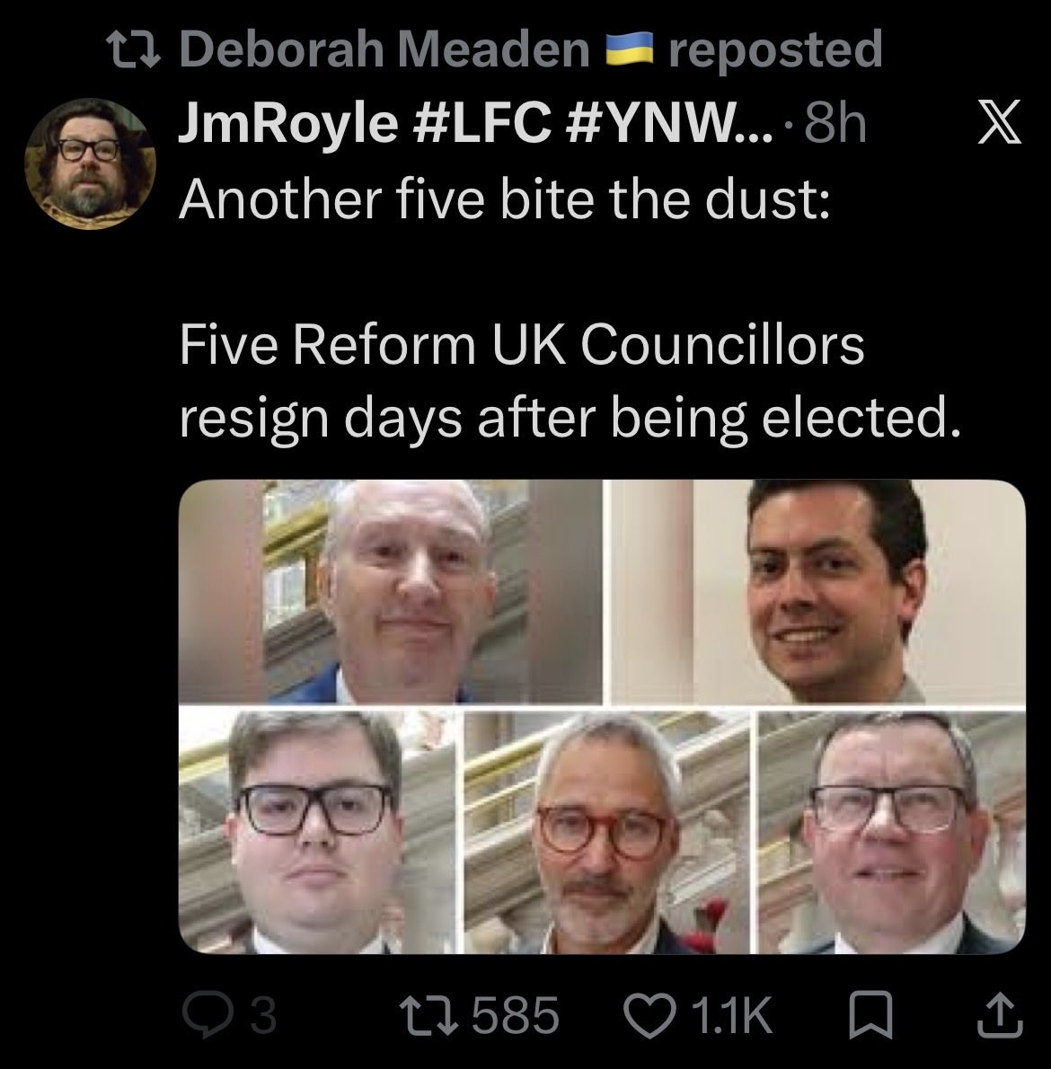 thatdunleavy's tweet photo. Both @campbellclaret and @DeborahMeaden retweeting misinformation today. I’m sure we’re all on exactly the same page when it comes to hating Reform but people with the number of followers they have are doing a great disservice to to all of us by retweeting stuff like this. https://t.co/fePJxUPhfv