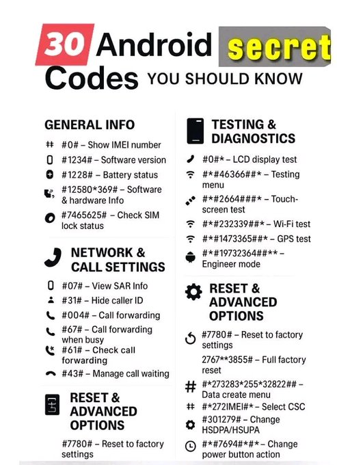 Nilu_Ai's tweet photo. You’re not using your Android to its full power…  
These 30 secret codes unlock everything https://t.co/zKf9ffuJBH