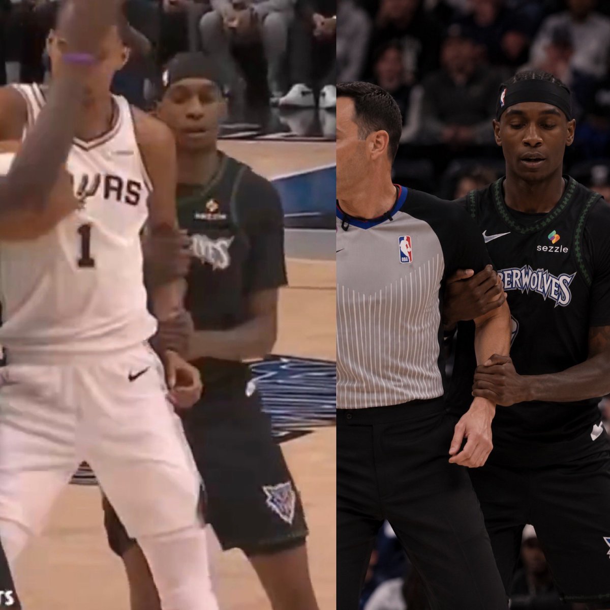 OnlyCharizards's tweet photo. McDaniels holding Wemby and putting him in a choke hold but no whistle … he could be holding the ref’s arm and they still won’t blow the whistle .. NBA so rigged https://t.co/hXjSSCgK6F