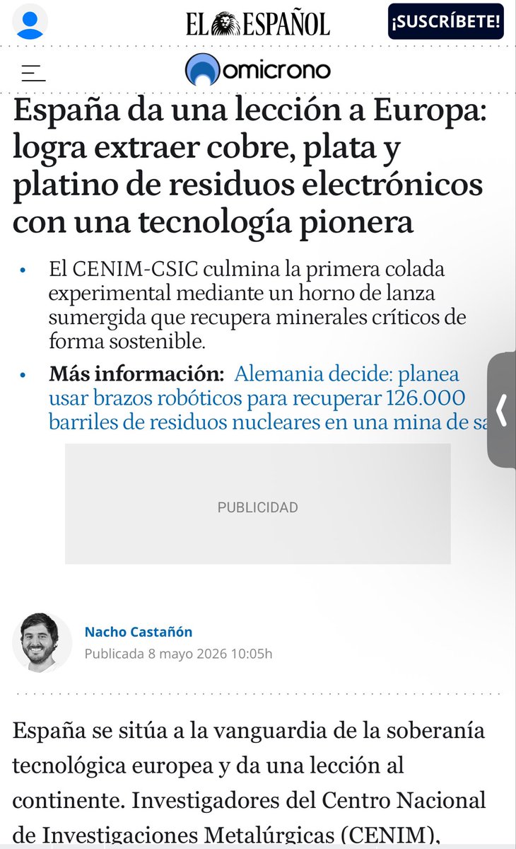 España da una lección a Europa: logra extraer cobre, plata y platino de residuos electrónicos con una tecnología pionera. 

Recupero minerales críticos de forma sostenible. 
Vanguardia de la soberanía tecnológica europea.