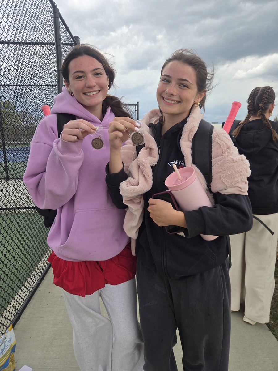 DCT_Tennis's tweet photo. 3rd place medals won at the 2026 Catholic League Championships at #4 doubles by Kathryn Stran and Jillian Neal! The duo avenged an earlier loss in the season to advance, then dominated their 3rd place match! https://t.co/JkrorL0Hzk